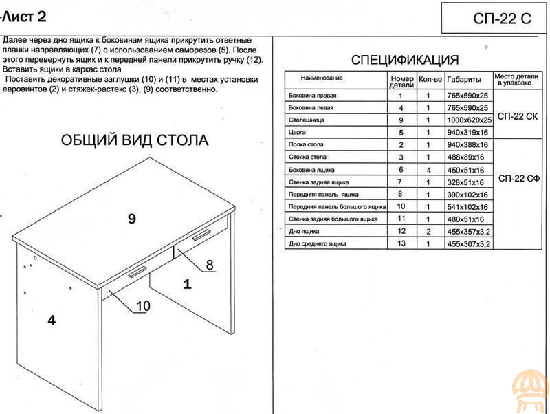 Схема сборки письменного стола