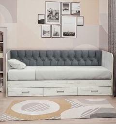 Кровать с продольной мягкой спинкой Матрица Софа 14.1 900х2000 Дуб Крафт серый Велюр 001