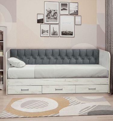 Кровать с продольной мягкой спинкой Матрица Софа 14 900х2000 Дуб Сонома светлый Велюр 338