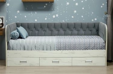 Кровать с продольной мягкой спинкой Матрица Софа 14.1 900х2000 Дуб Крафт серый Велюр 009